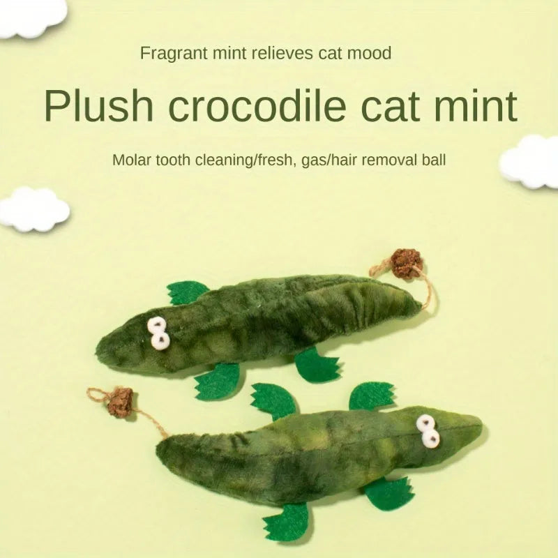 Green plush alligator catnip toy with plant-based materials and natural peppermint scent