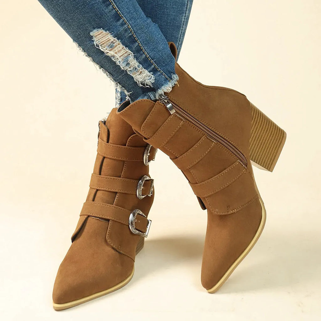 Chunky heel pointed toe retro buckle boots for women, artificial PU, black or light brown