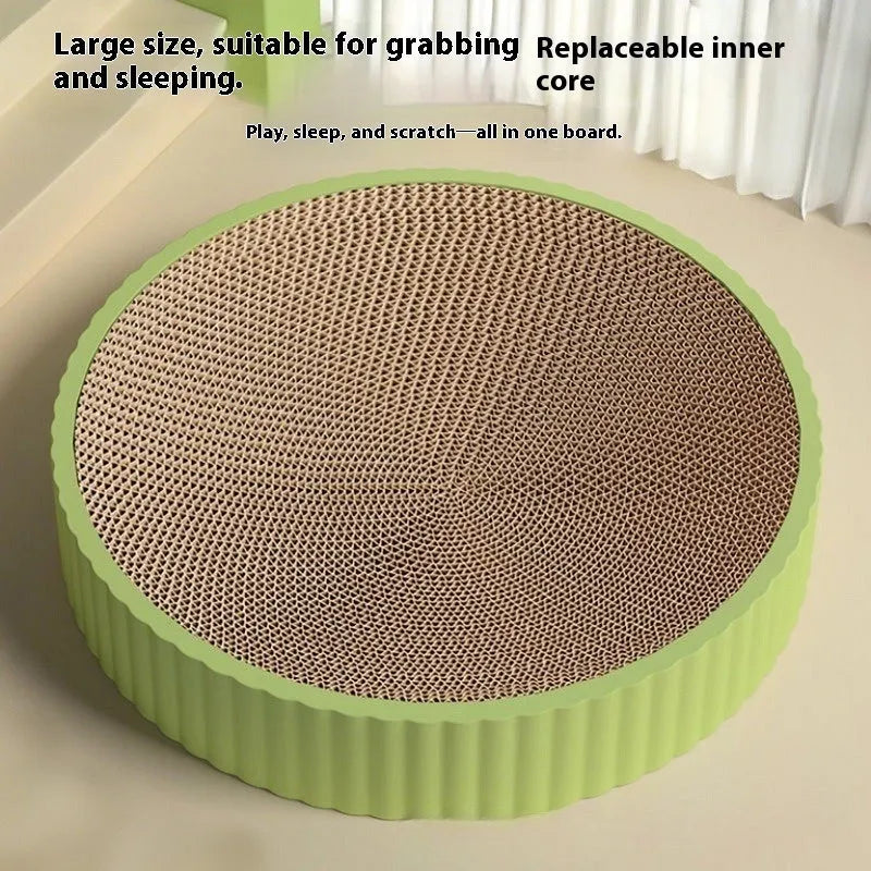 55cm round cat scratching board with replaceable corrugated paper insert in green or white colour