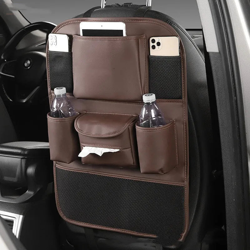 Leather car seat back storage bag in four colour options with suspended mounting