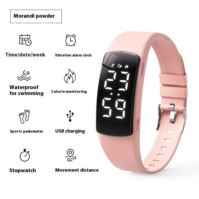 Vibration alarm clock watch with LED display on silicone strap showing multiple colour options
