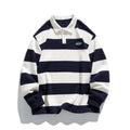 Man's loose fit long sleeve polo shirt with Hong Kong style stripes in pearl cotton fabric, shown in coffee colour.