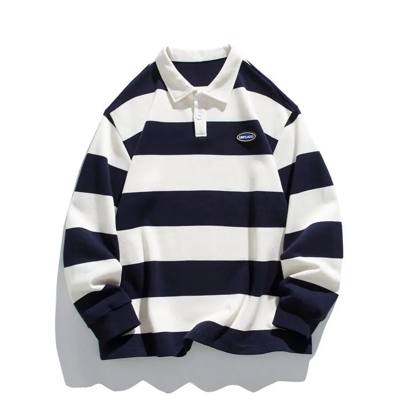 Man's loose fit long sleeve polo shirt with Hong Kong style stripes in pearl cotton fabric, shown in coffee colour.