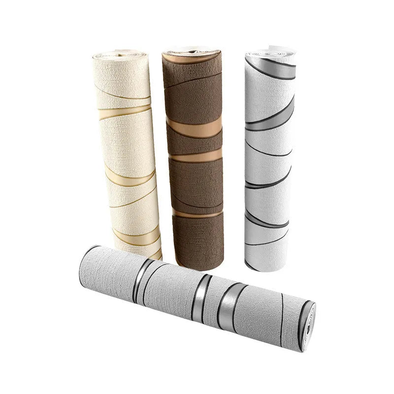 Roll of curve stripe patterned 3D wallpaper in dark brown deerskin velvet texture for video wall backgrounds.