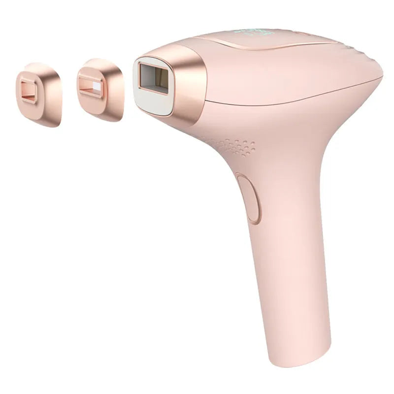 Pink and white three-in-one ice-sensing laser hair removal device with shaver attachment on white background