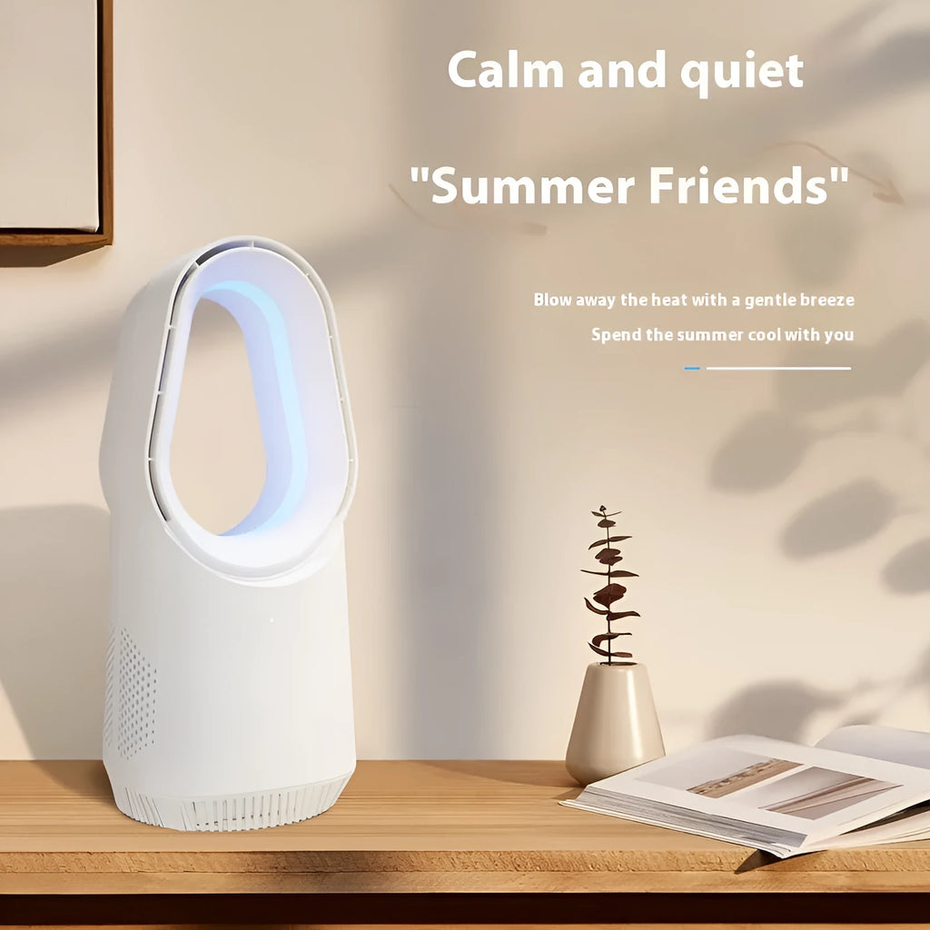 White SK bladeless tower floor fan with touch screen controls and remote