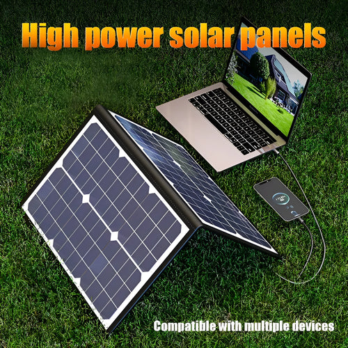 Black 40W monocrystalline solar folding bag panel shown folded to its compact size.