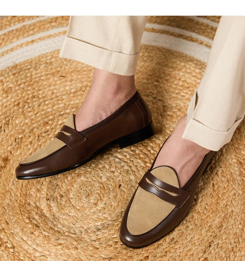 Coffee grey suede leather British-style loafers with one foot kick closure
