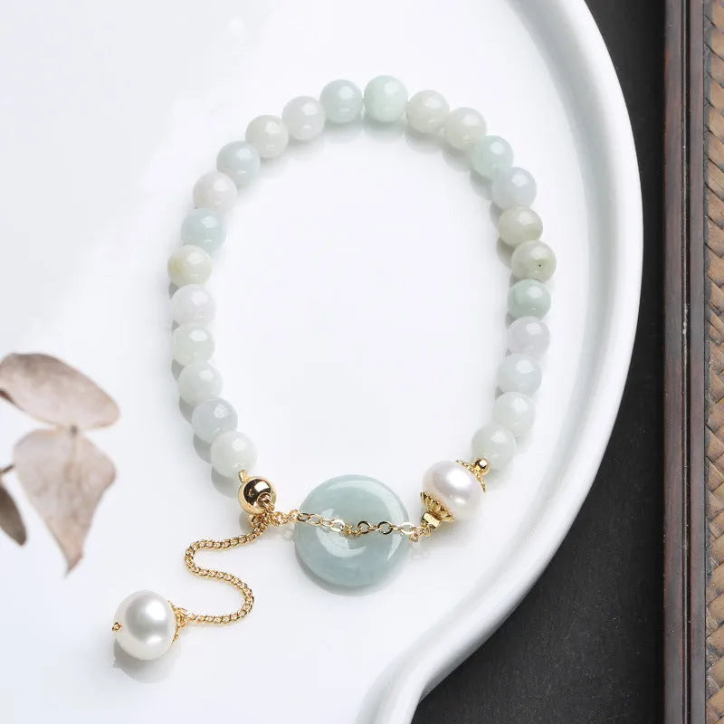 Jade green pearl bracelet with geometry shape pendant and manual processed emerald peace buckle clasp