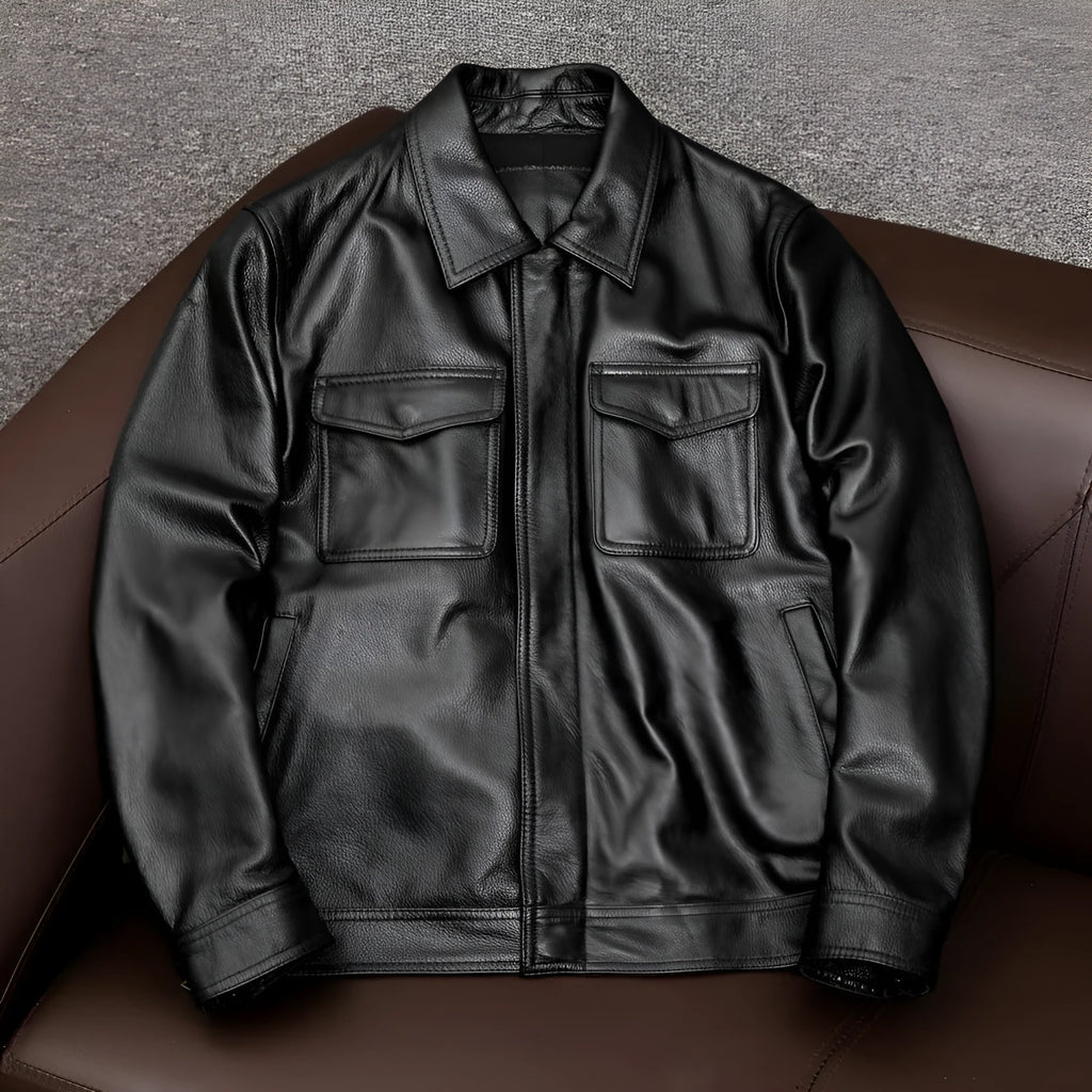 Men's black plus size lapel leather jacket with side pockets and loose fit design