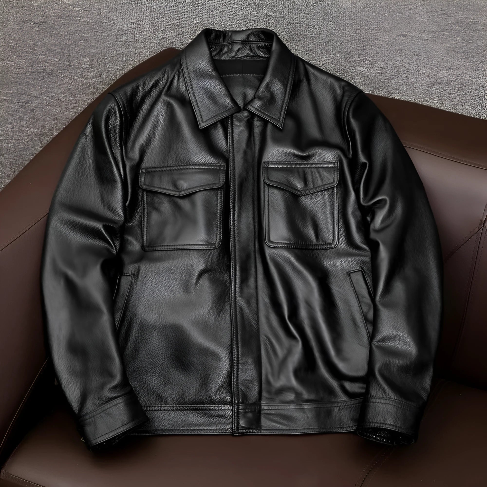 Men's black plus size lapel leather jacket with side pockets and loose fit design