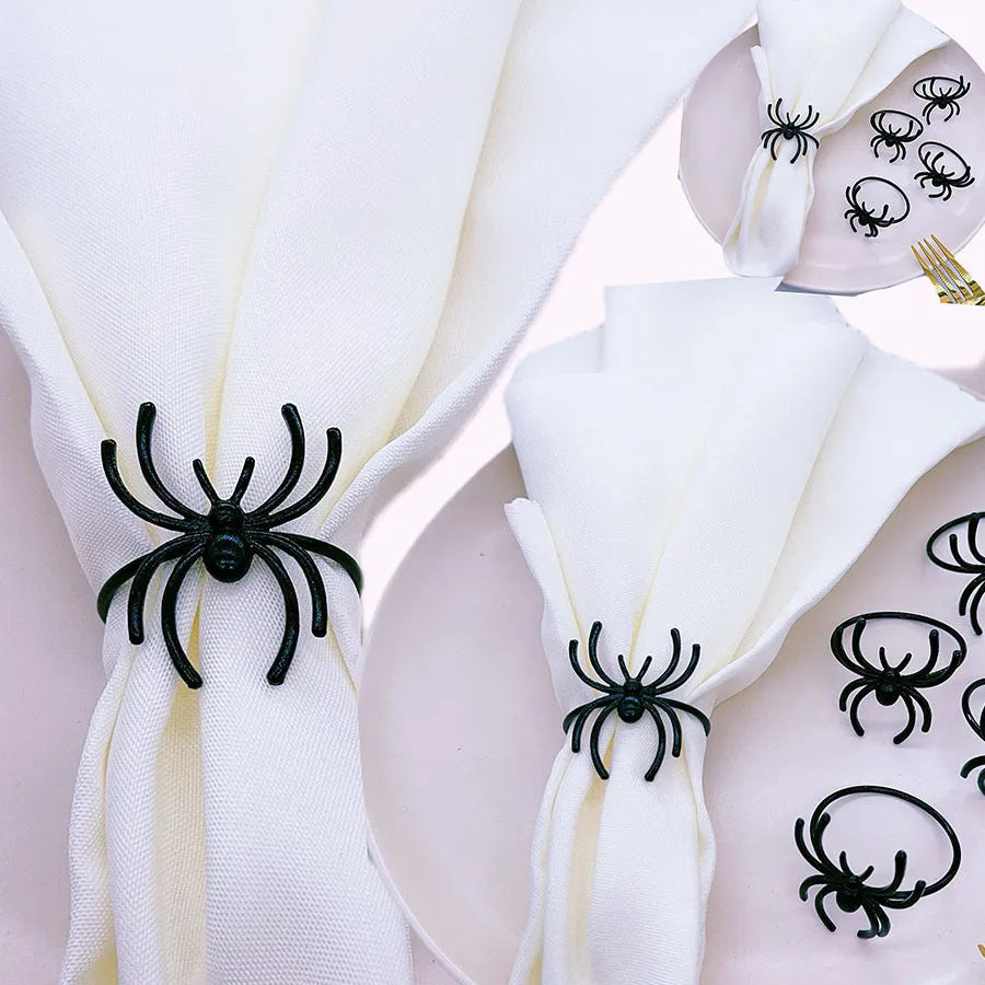 Six black spider design alloy napkin rings for Halloween table decoration measuring 5x4.5x4cm