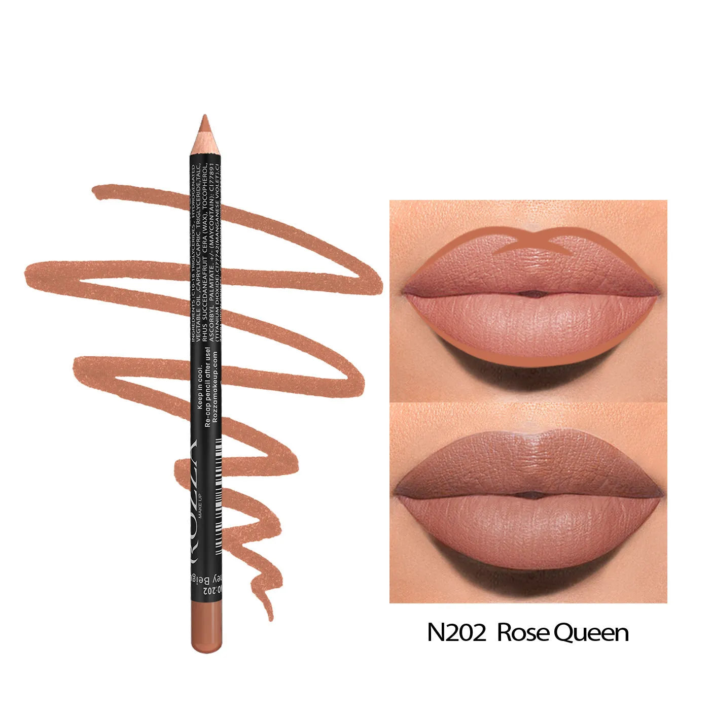 Matte lip liner in wood finish showing rich colour payoff with 14 shade options from 201 to 214