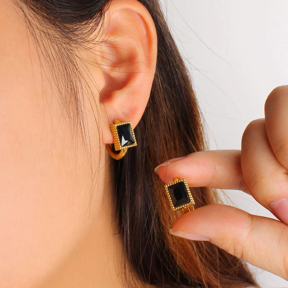 Geometric stainless steel earrings with square zircon stones in black, green, or white electroplated finishes