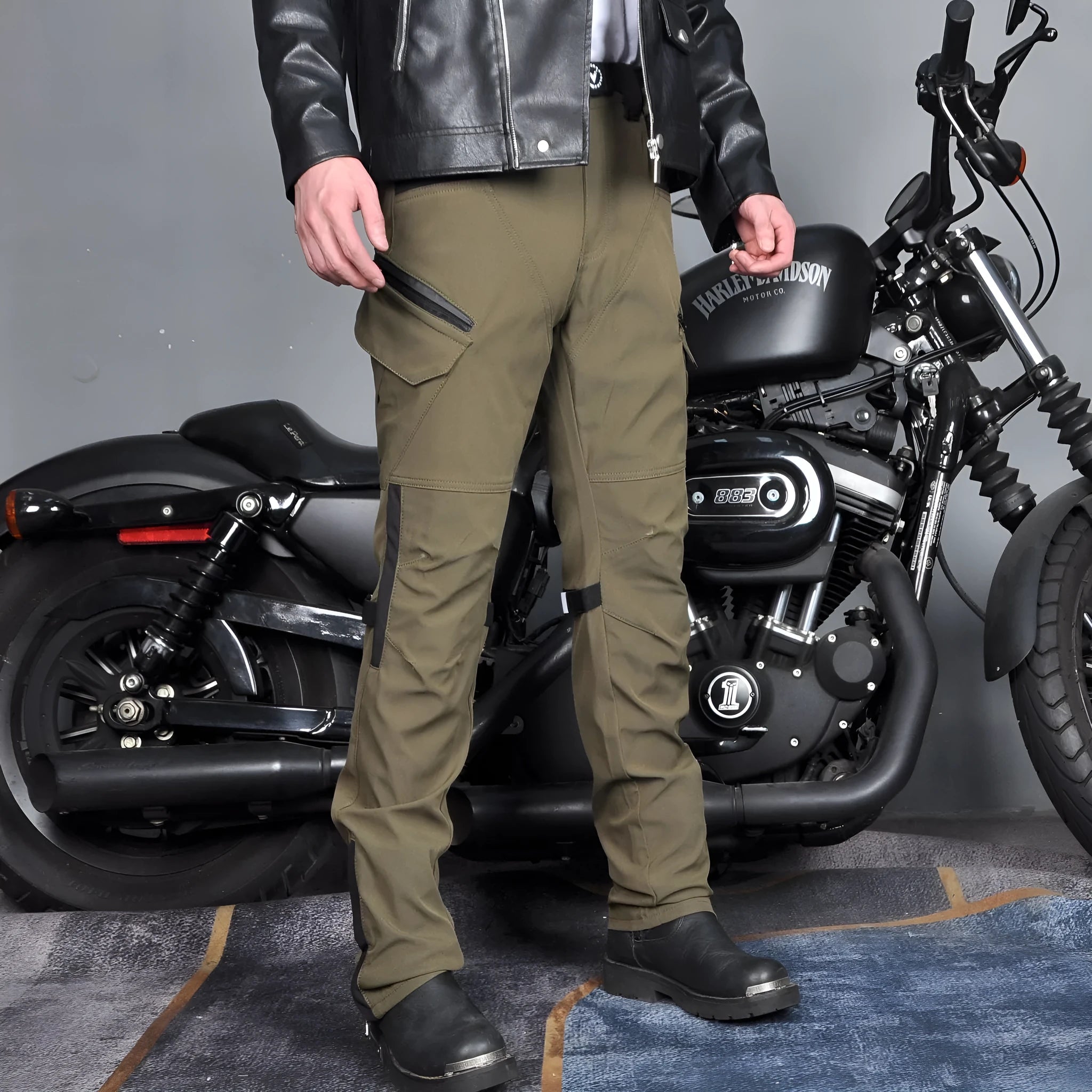 Motorcycle waterproof cycling trousers with belt and protective gear set in black or green colours