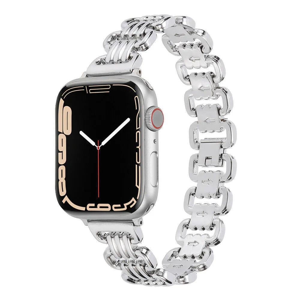 Alloy metal Apple Watch replacement band in silver, black, gold, rose gold, and starlight colours.