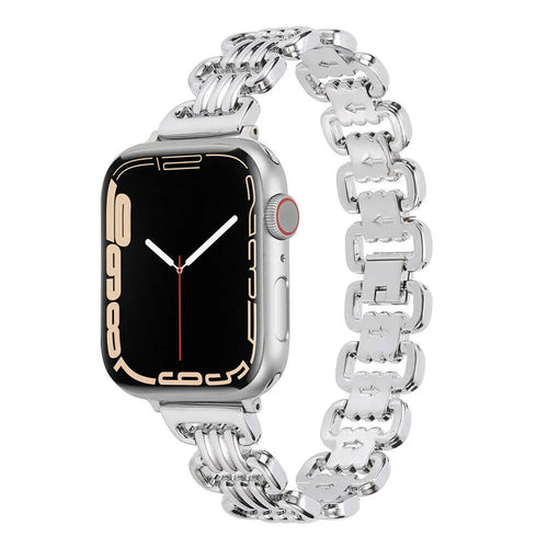 Alloy metal Apple Watch replacement band in silver, black, gold, rose gold, and starlight colours.
