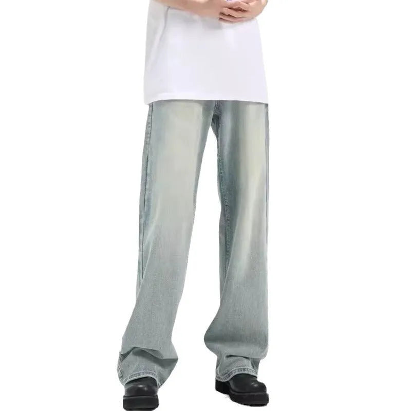 Blue retro-style loose casual trousers made from rabbit fur fabric on a plain background.