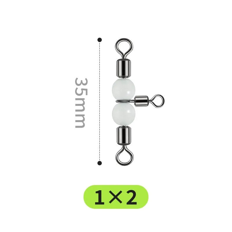 Copper fishing lure accessories showing luminous swivel beads with T-type balance fork rings in multiple sizes