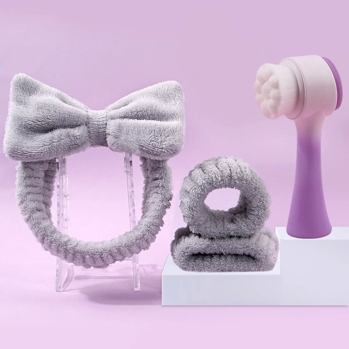 Facial brush set with coral fleece hair band and nylon bristle brush in multiple colour options