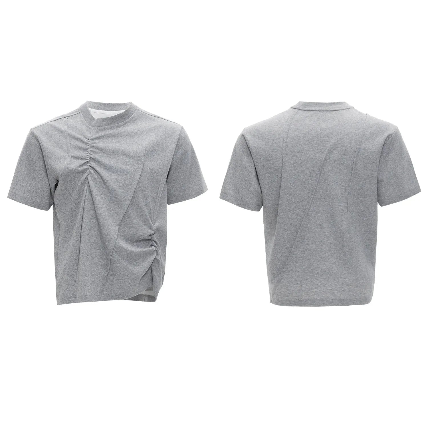 Men's grey cotton T-shirt with loose fit, round neck, short sleeves, and textured three-dimensional pleats.