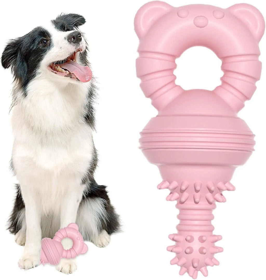 Blue rubber dog chew toy with textured surface and bell inside, shown next to a tape measure indicating 13.5cm diameter.