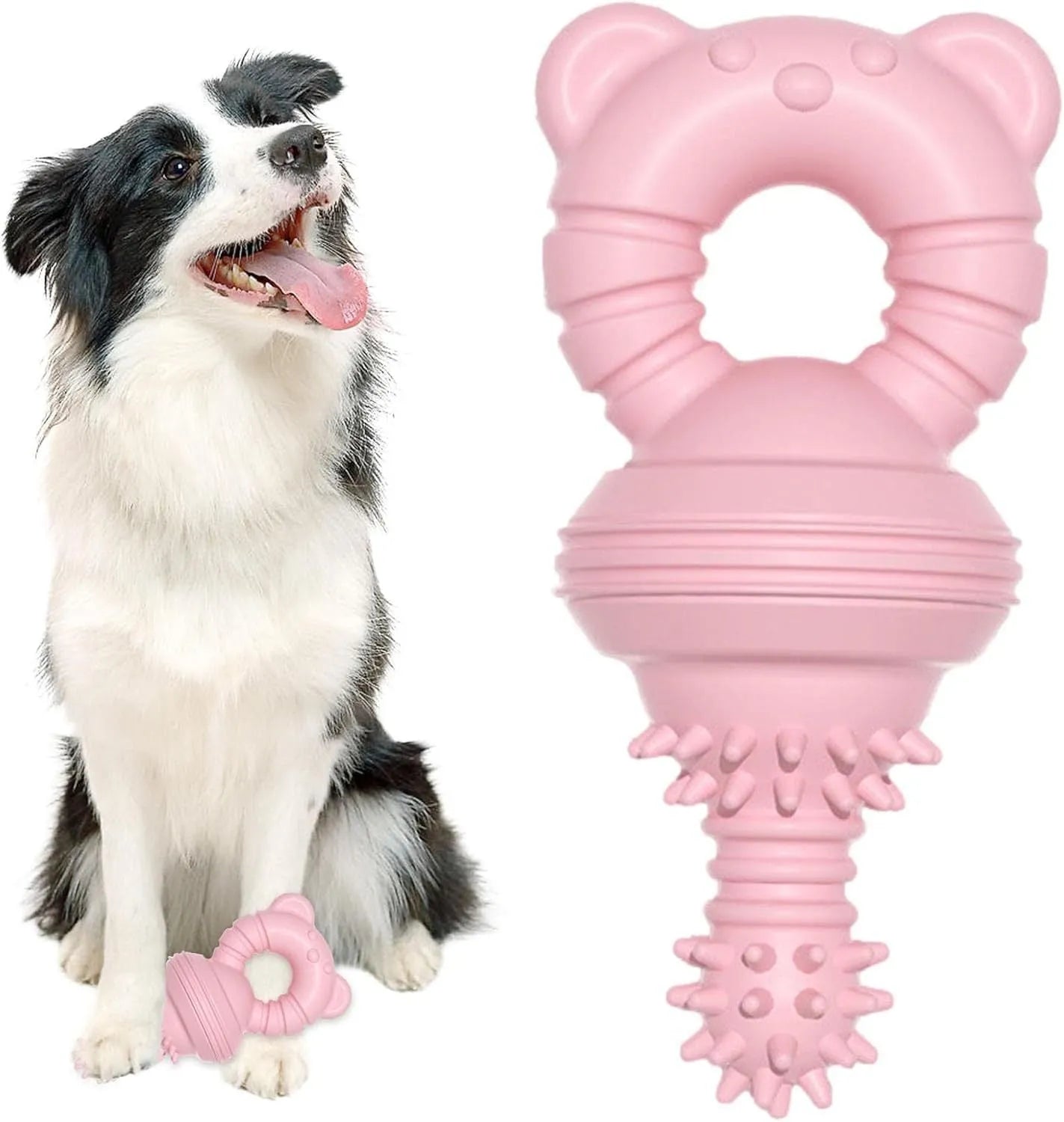 Blue rubber dog chew toy with textured surface and bell inside, shown next to a tape measure indicating 13.5cm diameter.