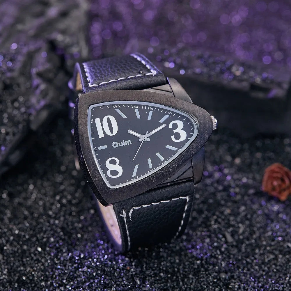 Men's brown casual watch with a patterned triangle belt strap and quartz dial.