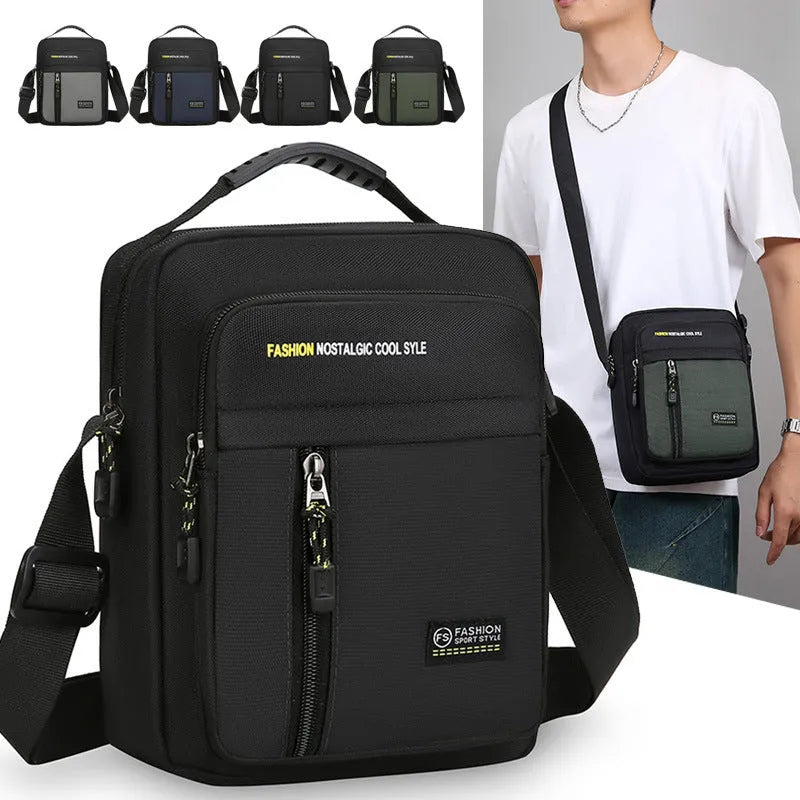 Men's nylon crossbody messenger bag shown in available colours: green, gray, black, and blue.