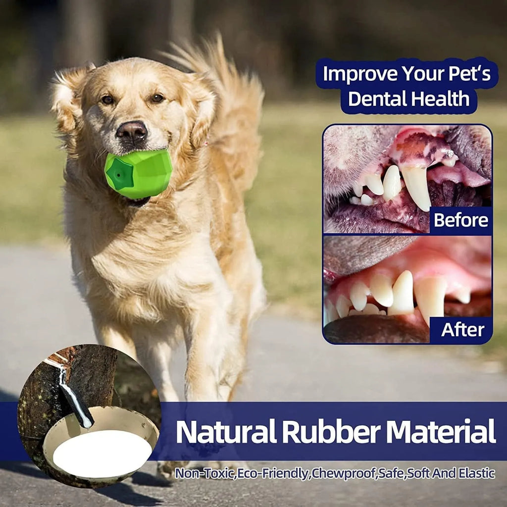 Green natural rubber squeaky dog ball toy for aggressive chewers, shown with dimensions 90mm.