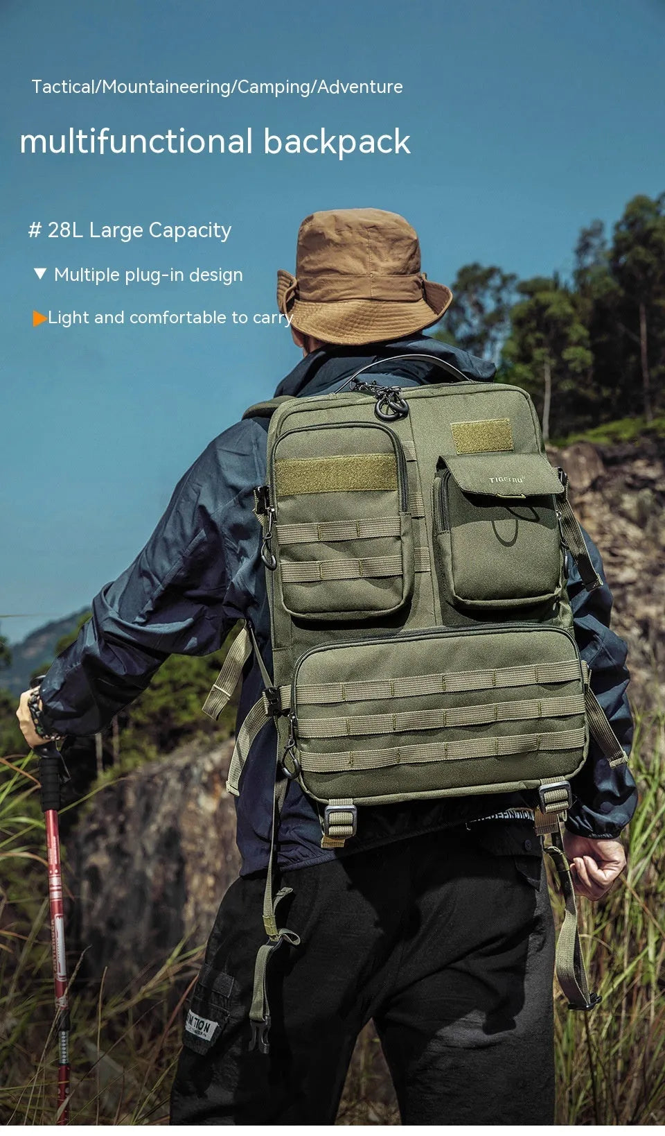 Army green tactical backpack with waterproof nylon construction showing 17-inch frame and adjustable straps