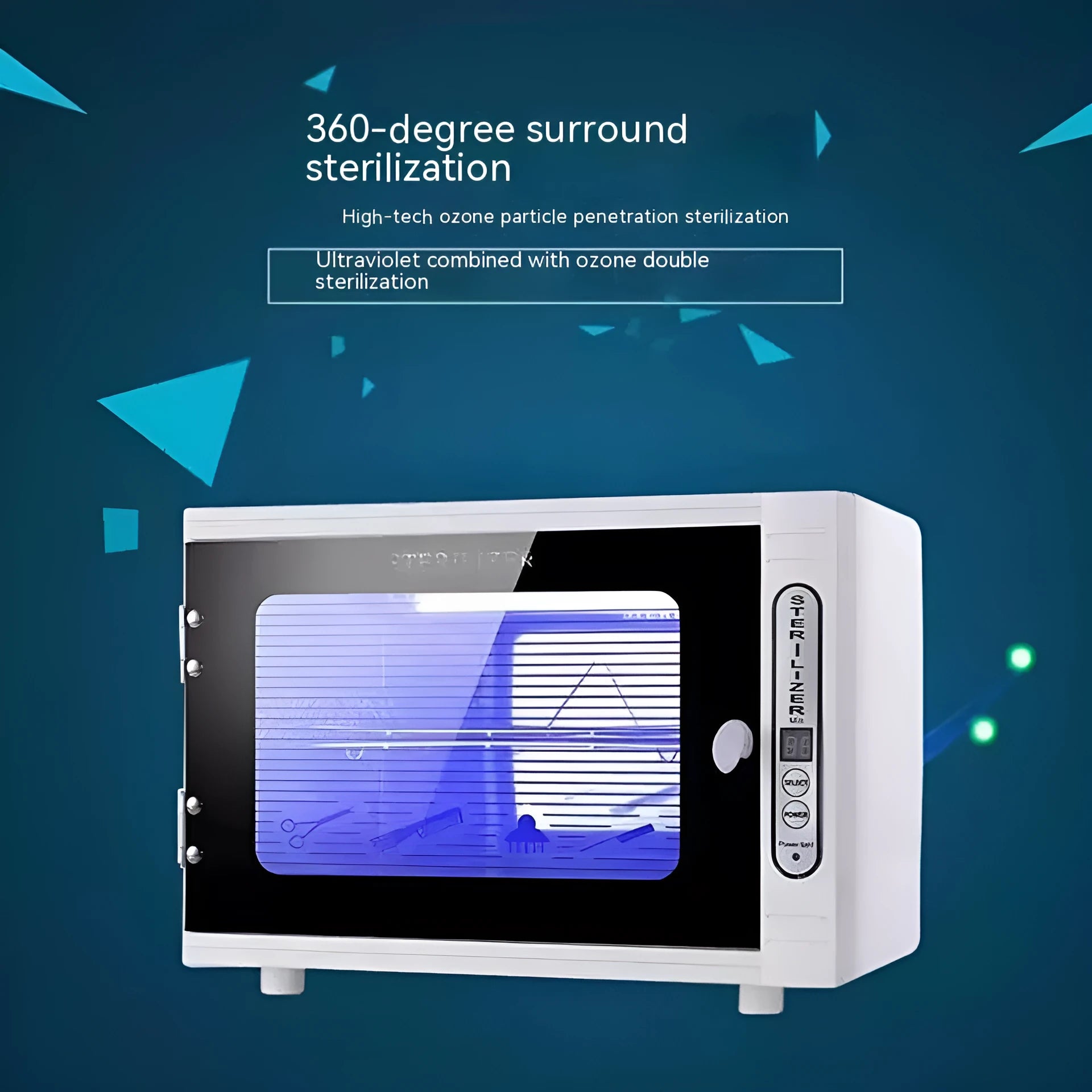 Small silver UV steriliser unit with stainless steel chamber for salon tool disinfection