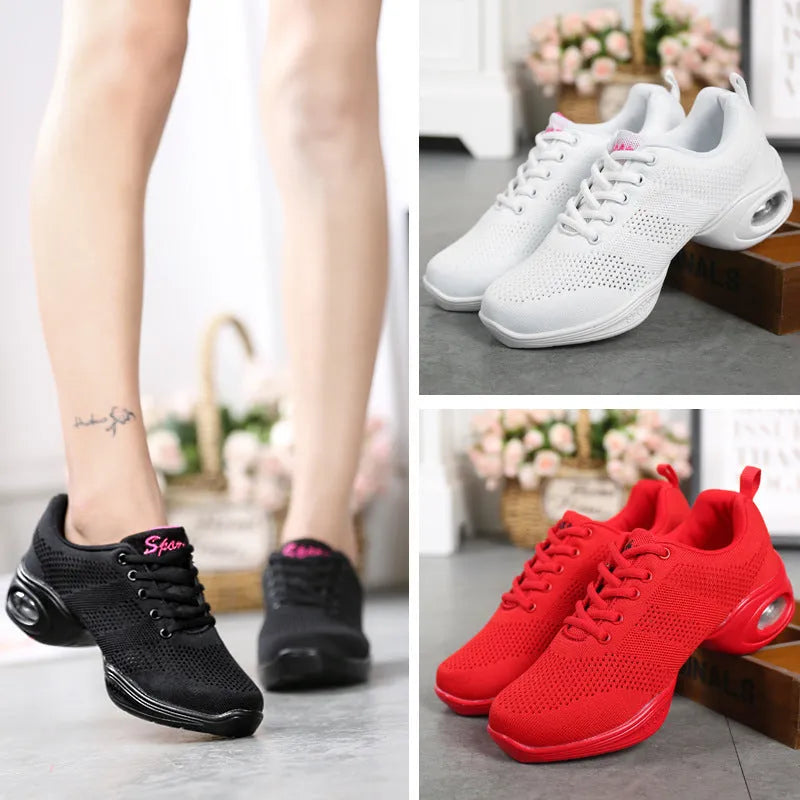 Women's breathable fly woven mesh dancing shoes with soft PU soles in multiple colour options