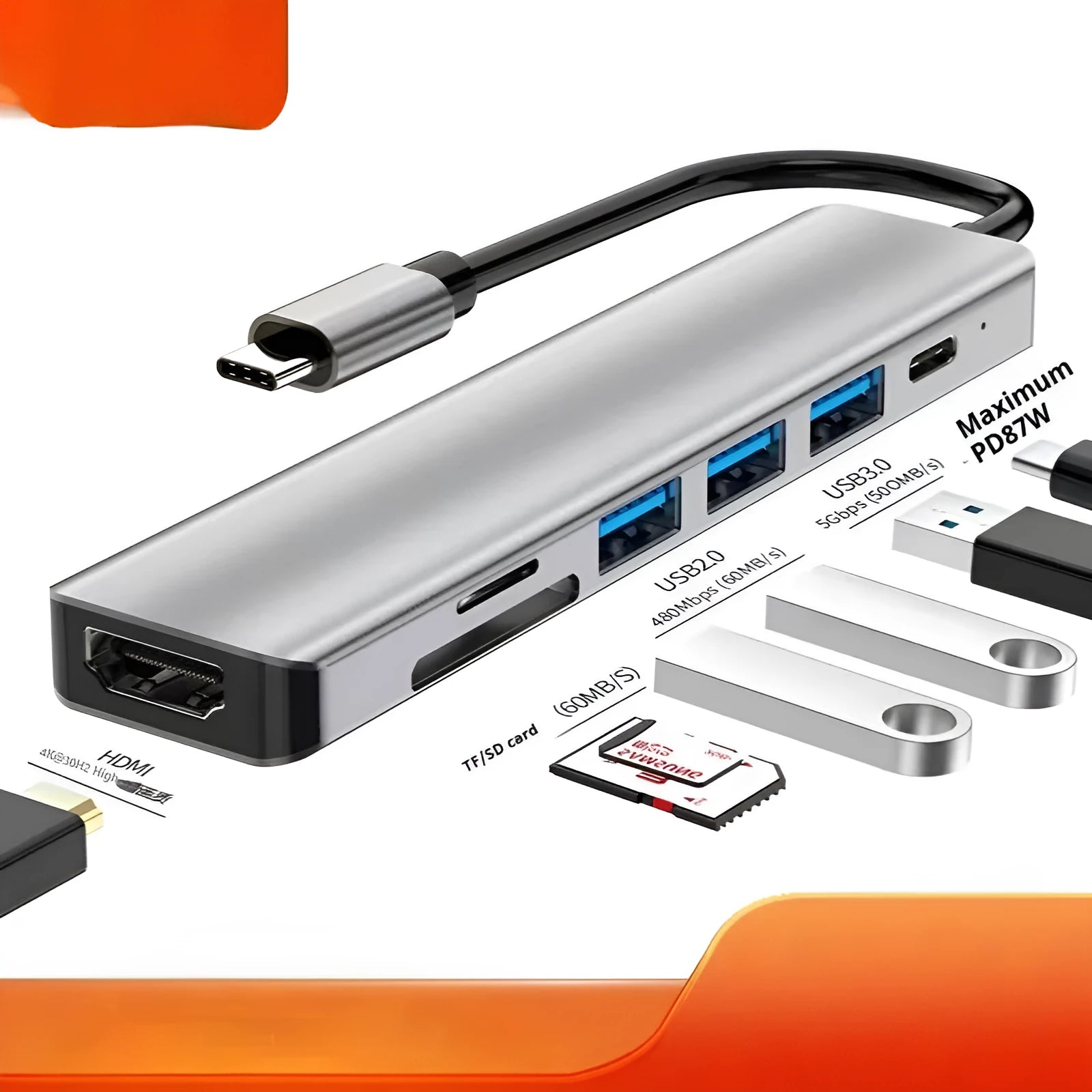 Type-C 7-in-1 expansion dock with HDMI port, USB 3.0 hub, and 15cm connecting cable