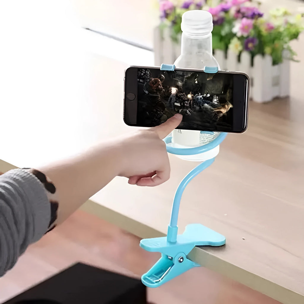 Double clip mobile phone bracket with 75cm ABS arm for bedside use