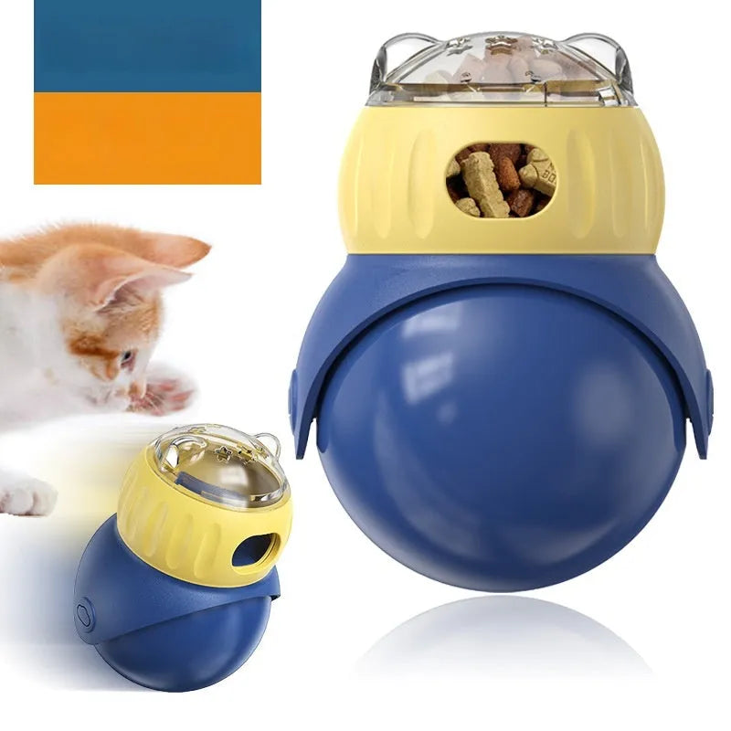 Yellow and blue plastic Tumbler Owl cat puzzle feeder toy for slow feeding