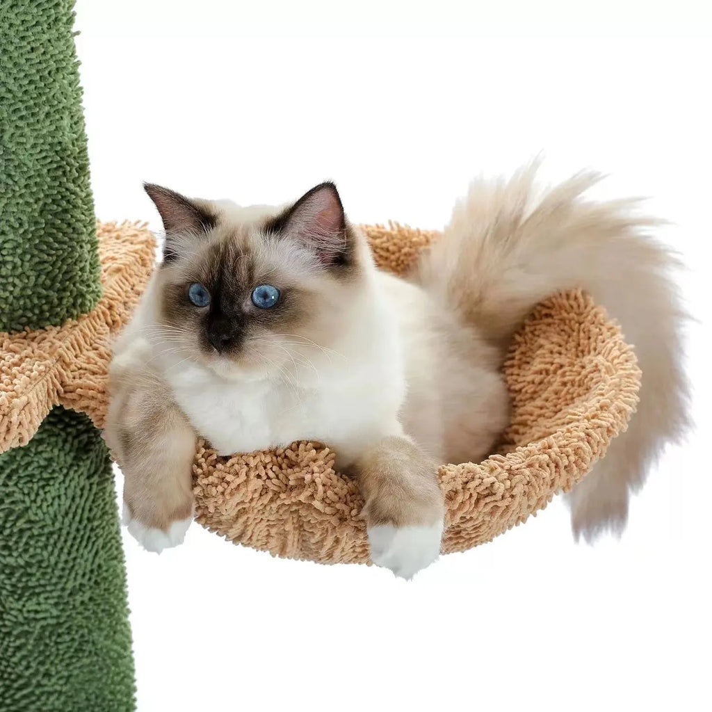 Tall solid wood cat climbing frame with integrated cactus-shaped cat nest, scratch board, and hanging toys.