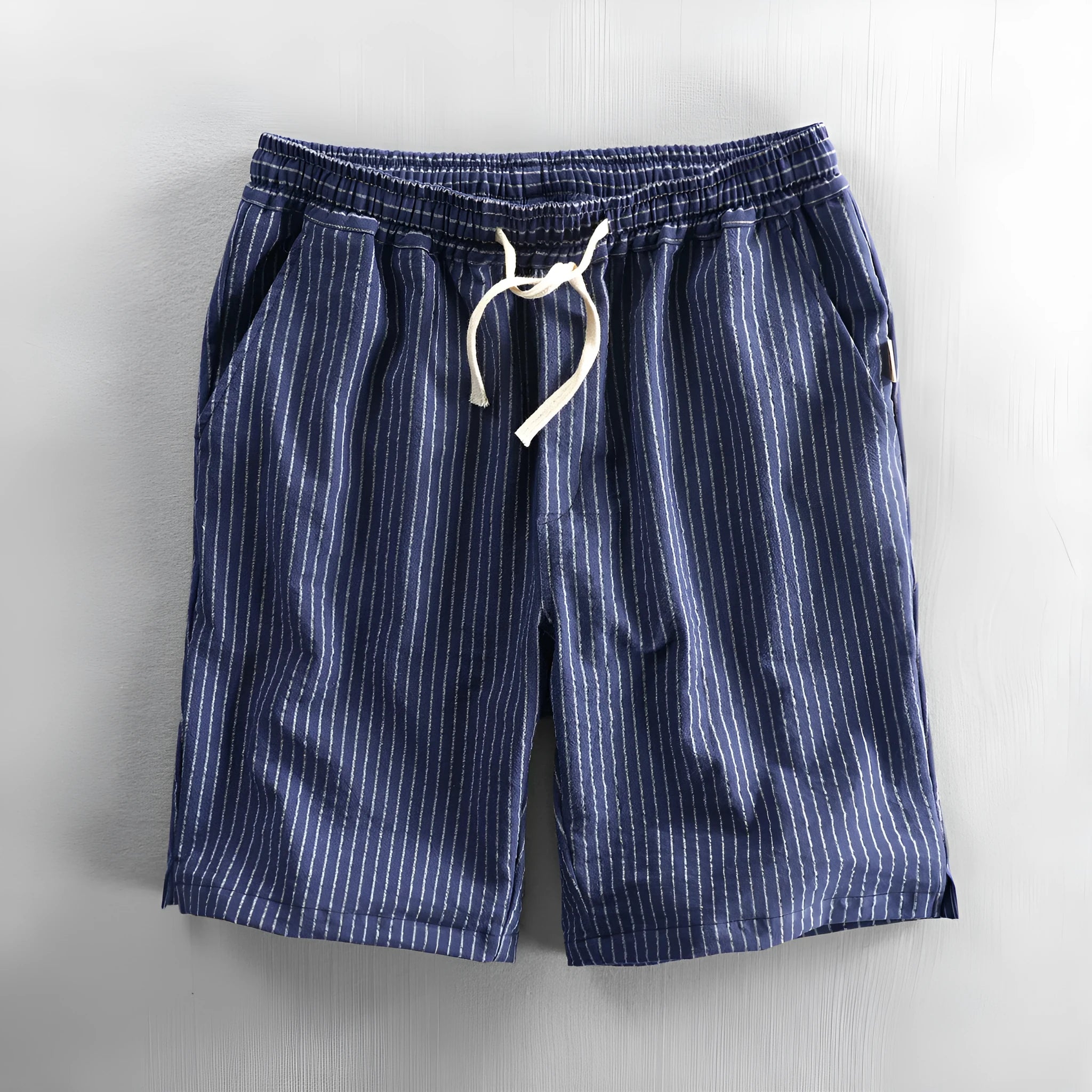 Men's striped casual cotton shorts with an elastic waistband shown in multiple colour options.