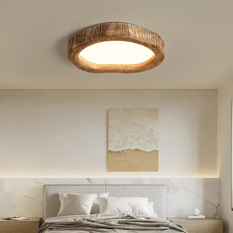 Round wood grain finish ceiling lamp in new Chinese style, shown in three diameter sizes.