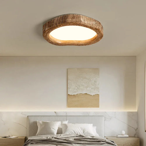 Round wood grain finish ceiling lamp in new Chinese style, shown in three diameter sizes.