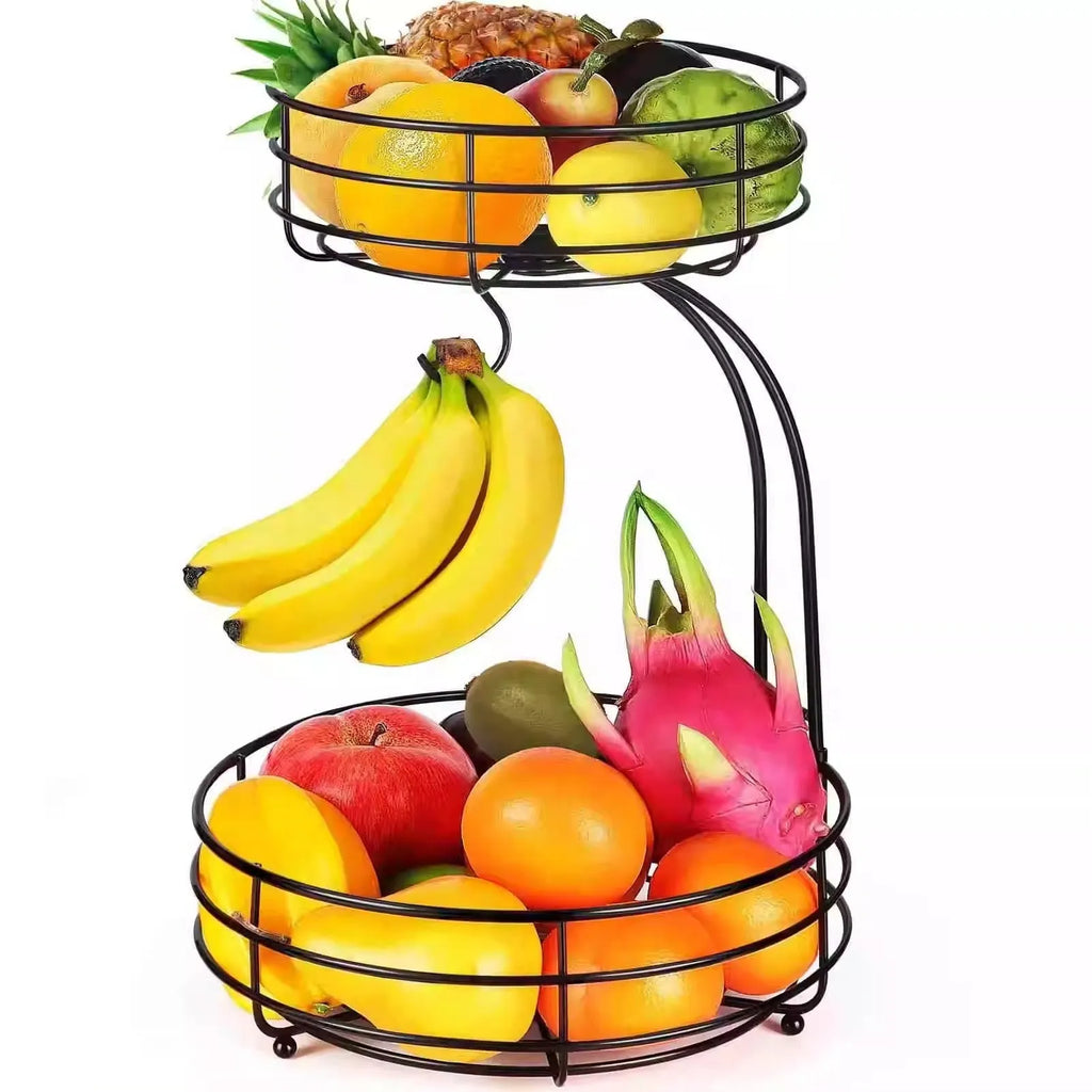 Black wrought iron double-layer fruit basket with two storage tiers