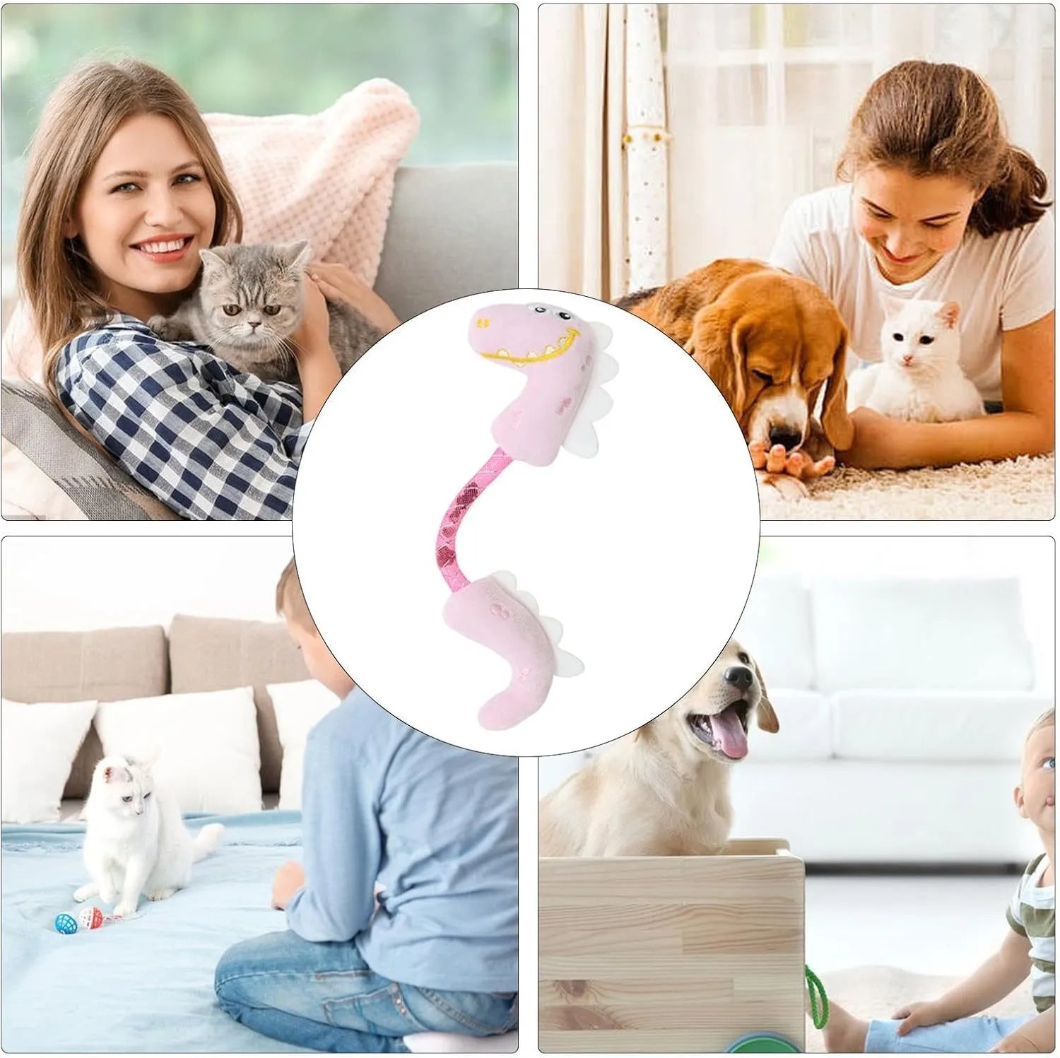 Set of four cat toys including chew toys, springs, rope toys, and kicker toys in pink, purple and yellow colours