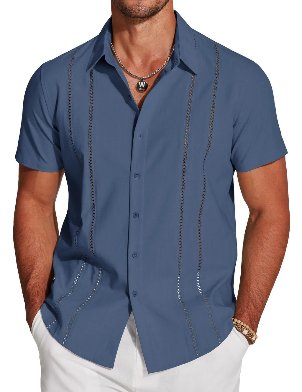 Men's slim fit short sleeve Hawaiian shirt with digital print pattern.