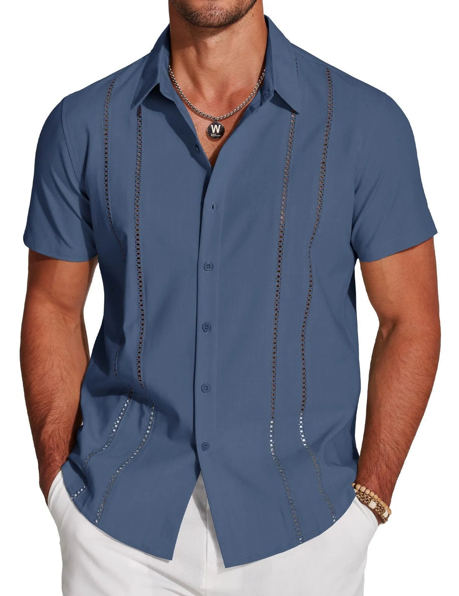 Men's slim fit short sleeve Hawaiian shirt with digital print pattern.