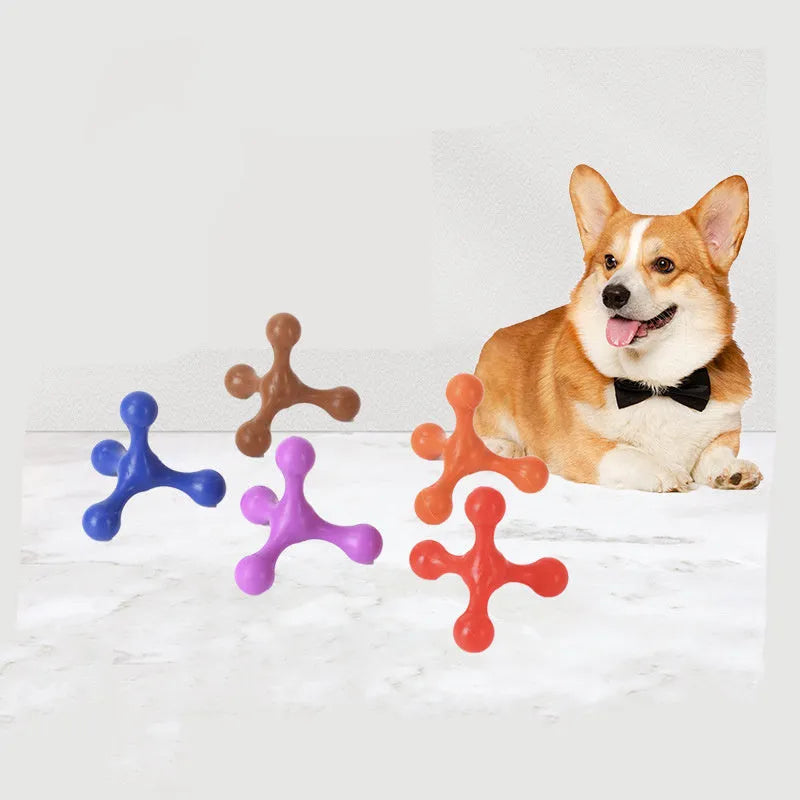 Blue silicone three-legged chew toy for puppy teething relief and dental cleaning