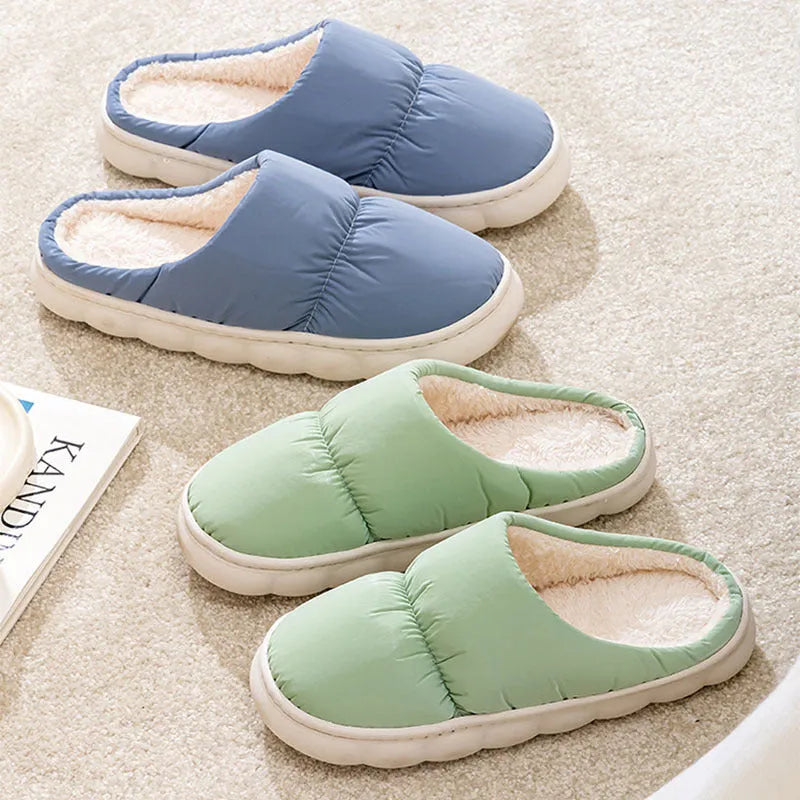 Down cotton slippers with thick rubber soles and artificial leather uppers in multiple colours