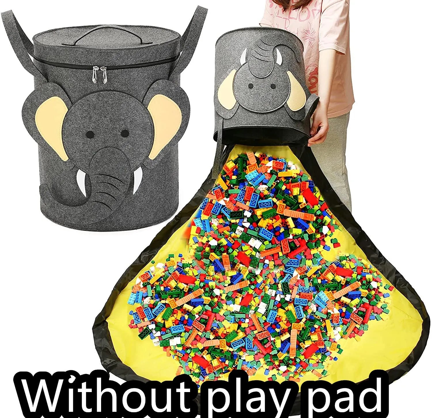 Green felt cube storage bag with a pull rope, laid flat as a play mat.