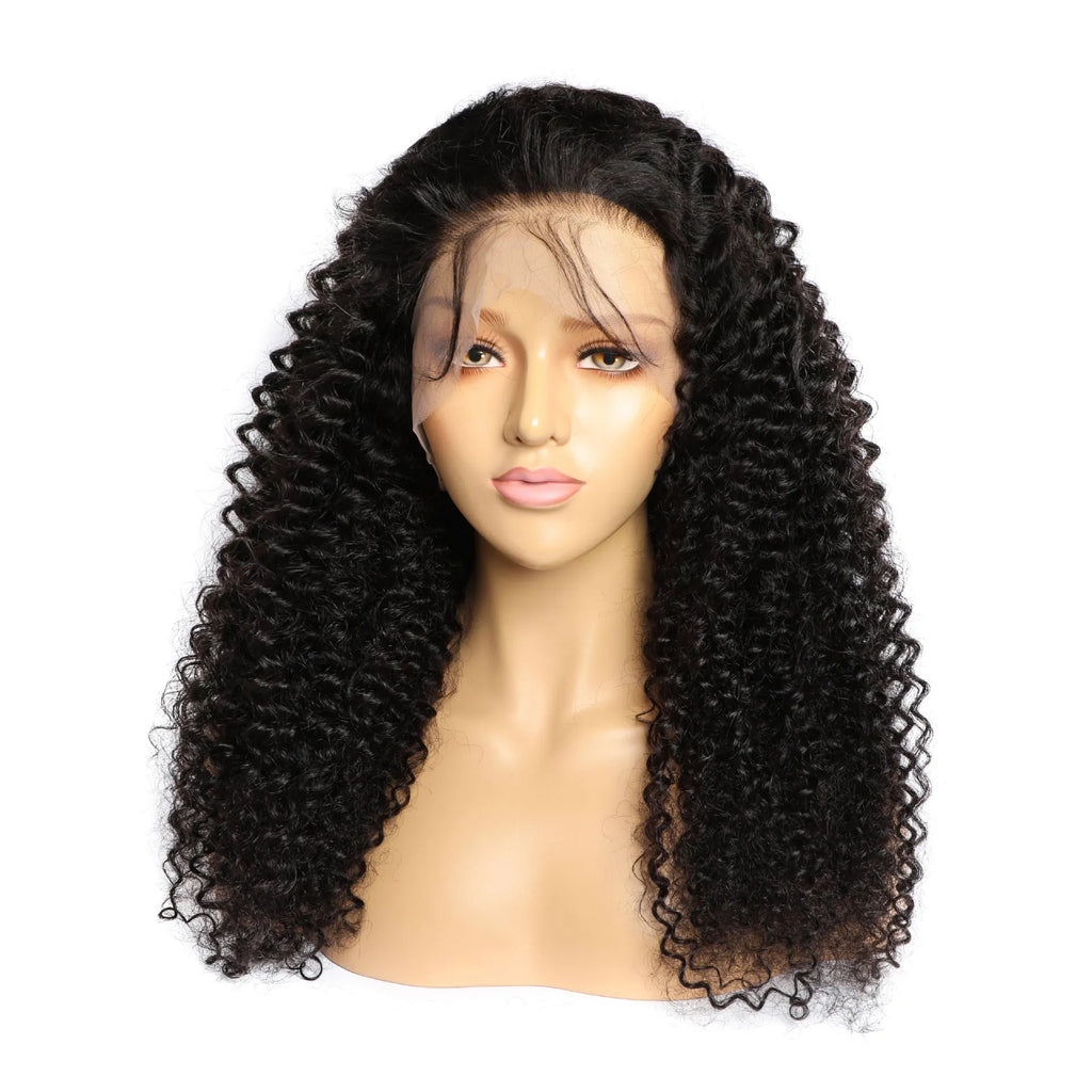 Curly human hair lace front wig on a stand, showing 13x4 lace and long length.