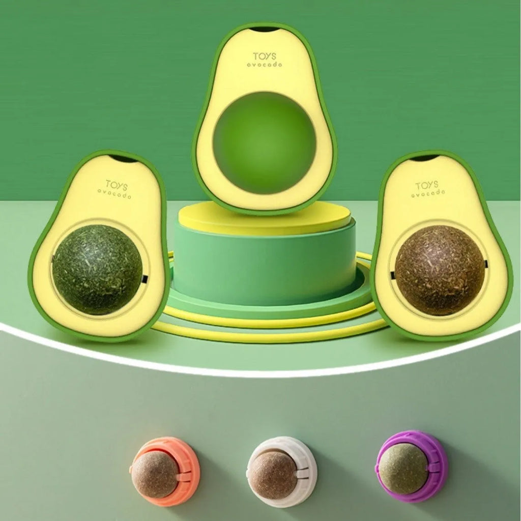 Plastic catnip ball toy with teeth cleaning design in various colours including pink, blue, green, and avocado mint