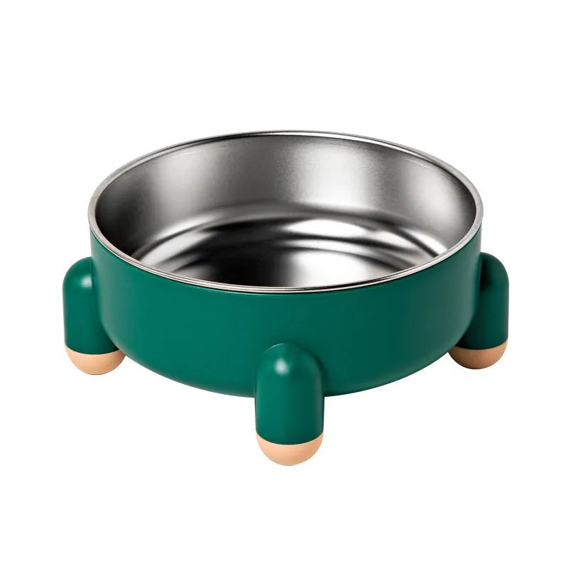Stainless steel pet bowl with high foot and non-slip base in green, pink, or white colour